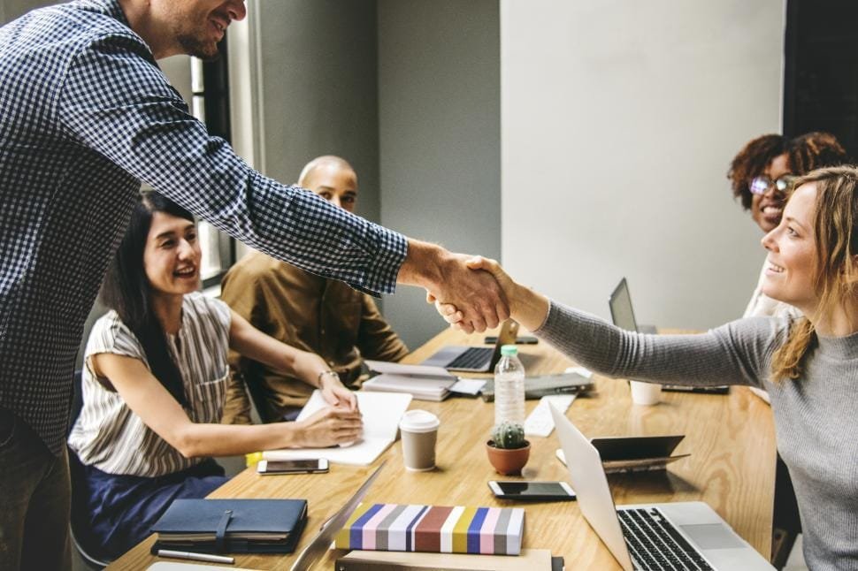 Consultant shaking hands with a client after a successful consultation